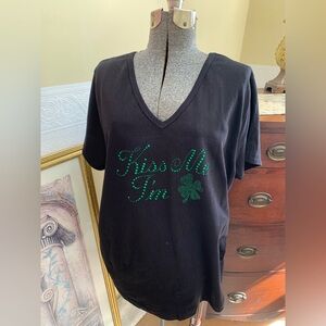 Black V-Neck Short-Sleeve T-Shirt featuring The phrase "Kiss Me I'm”